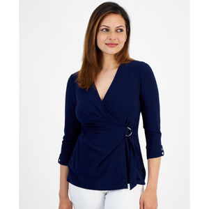 Jones New York Women's Small Petite Navy Blue D-Ring 3/4-Sleeve Top NWT